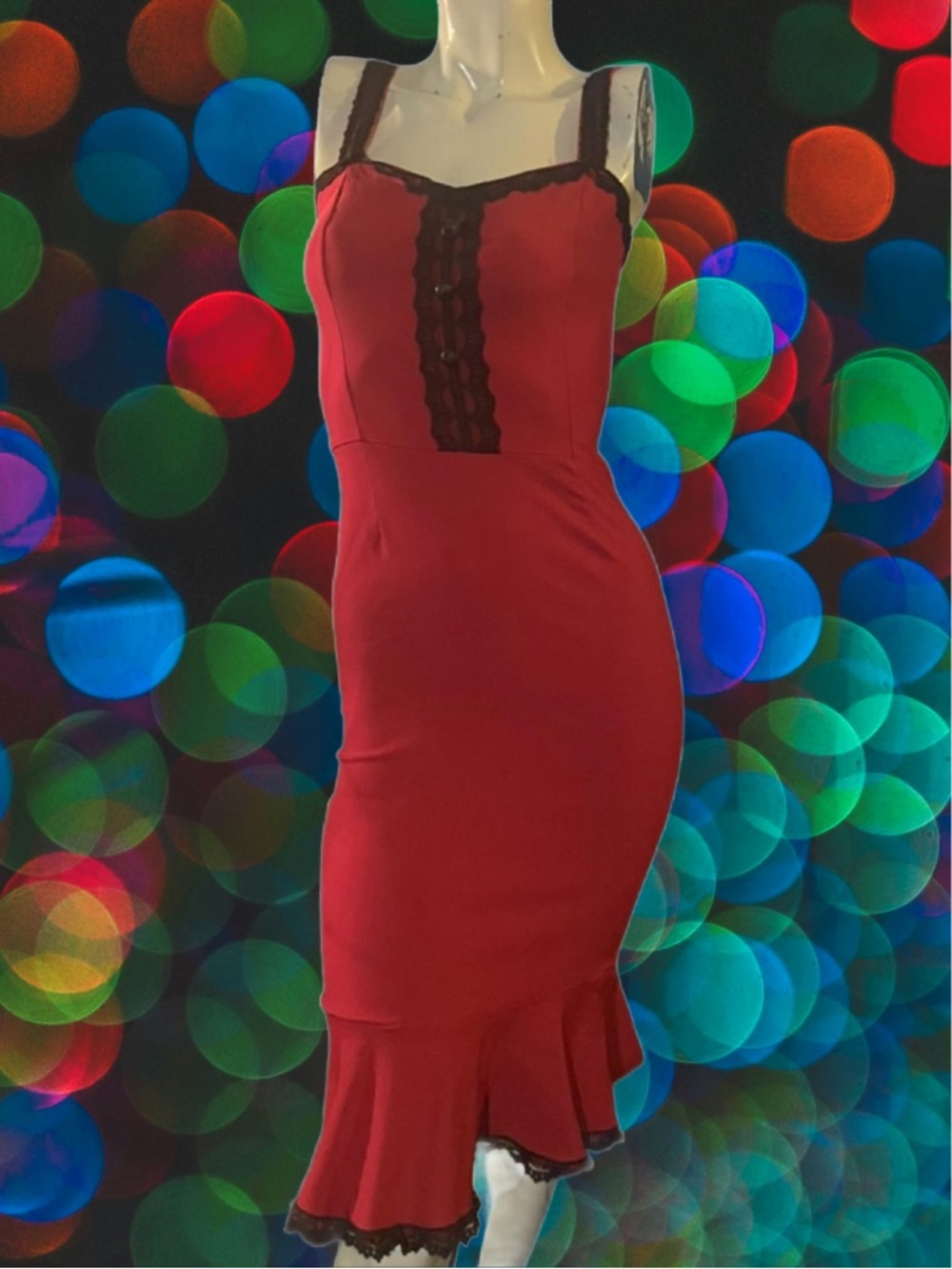 Red SWITCHBLADE STILETTO Midi pencil Dress with Black Lace Trim & flared bottom